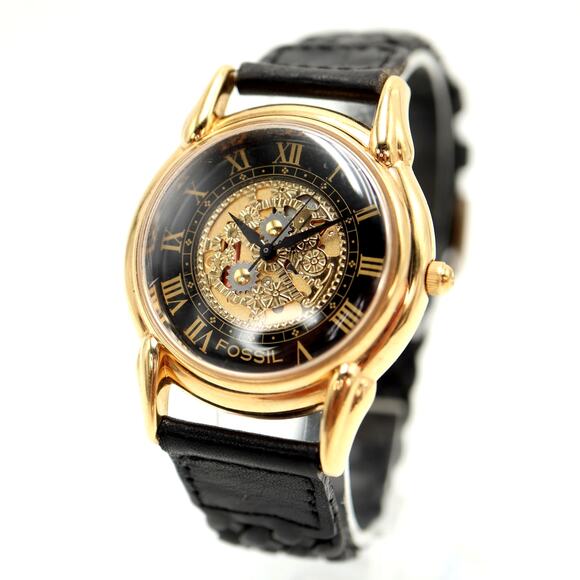 Vintage Fossil Skeleton Quartz Unisex 35mm Watch Black Leather w New Battery - Picture 1 of 14